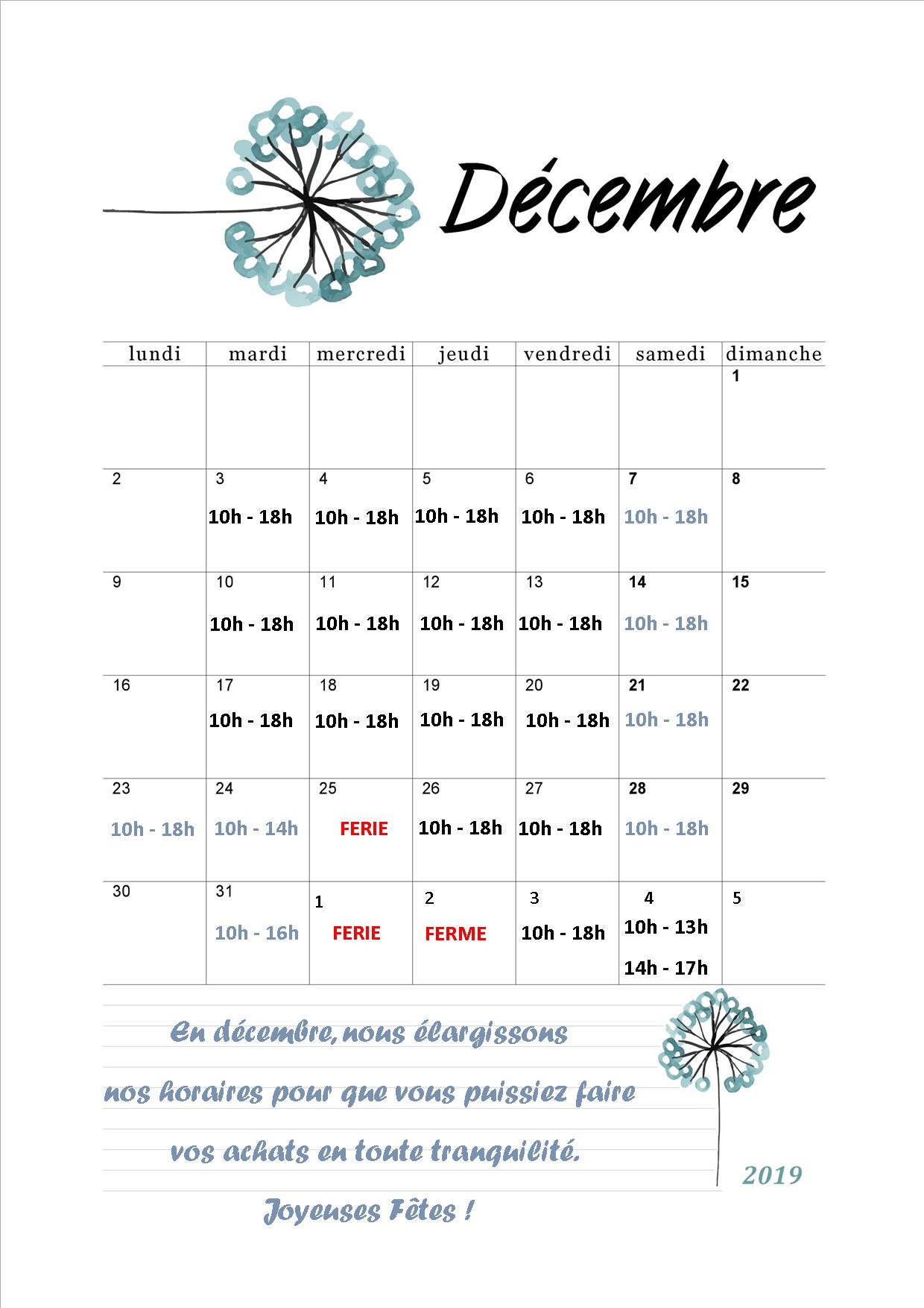 HORAIRE DECEMBRE 2019